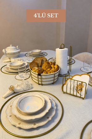 4’lü Set Mat Gold 6'lı Supla Kafes Peçetelik Dik Kağıt Havluluk Ayraçlı Yuvarlak Ekmek Sepeti Mutfak Seti
