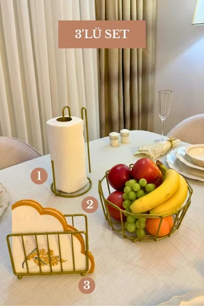 3’lü Set Mat Gold Kafes Peçetelik Dik Kağıt Havluluk Ayraçlı Oval Köşeli Meyve Sepeti Mutfak Seti