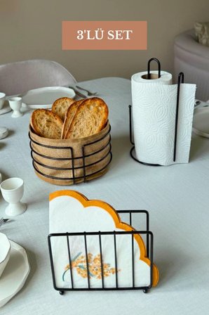 3’lü Set Siyah Kafes Peçetelik Dik Kağıt Havluluk Ayraçlı Yuvarlak Ekmek Sepeti Mutfak Seti