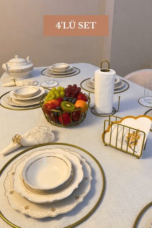 4’lü Set Mat Gold 6'lı Supla Kafes Peçetelik Dik Kağıt Havluluk Misketli Oval Köşeli Meyve Sepeti Mutfak Seti