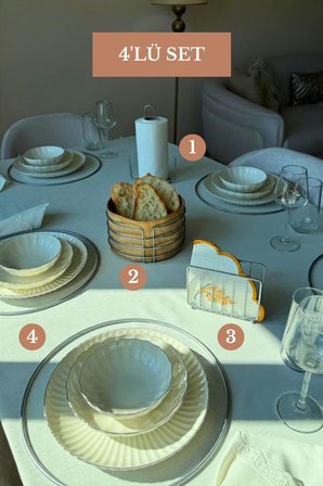 4’lü Set Mat Gümüş 6'lı Supla Kafes Peçetelik Dik Kağıt Havluluk Misketli Yuvarlak Ekmek Sepeti Mutfak Seti