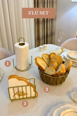 3’lü Set Mat Gold Kafes Peçetelik Dik Kağıt Havluluk Misketli Oval Köşeli Ekmek Sepeti Bej Mutfak Seti