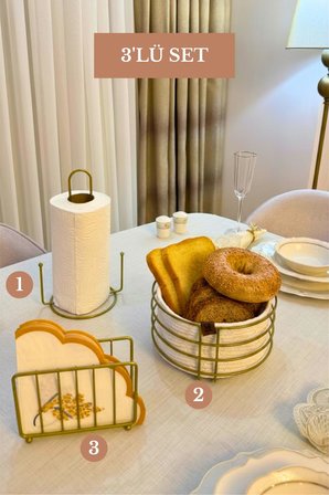 3’lü Set Mat Gold Kafes Peçetelik Dik Kağıt Havluluk Misketli Yuvarlak Ekmek Sepeti Mutfak Seti