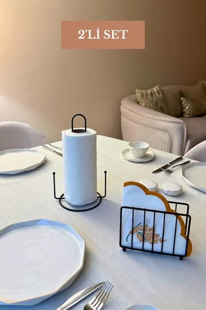 2’li Set Siyah Kafes Peçetelik Dik Kağıt Havluluk Misketli Mutfak Seti