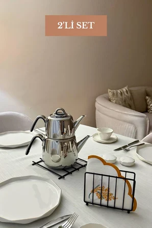 2’li Set Siyah Kafes Peçetelik Nihale Mutfak Seti