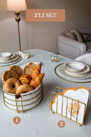2’li Set Mat Gold Kafes Peçetelik Yuvarlak Ekmek Sepeti Mutfak Seti