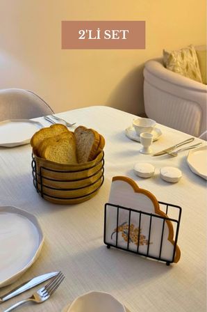 2’li Set Siyah Kafes Peçetelik Yuvarlak Ekmek Sepeti Mutfak Seti