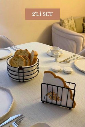 2’li Set Siyah Kafes Peçetelik Yuvarlak Ekmek Sepeti Mutfak Seti