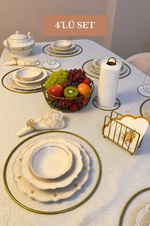 4’lü Set Mat Gold 6'lı Supla Kafes Peçetelik Dik Kağıt Havluluk Oval Köşeli Meyve Sepeti Mutfak Seti