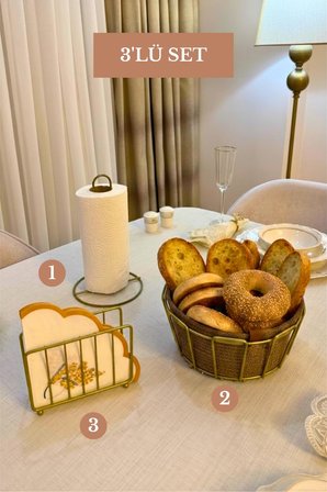 3’lü Set Mat Gold Kafes Peçetelik Dik Kağıt Havluluk Oval Köşeli Ekmek Sepeti Bej Mutfak Seti