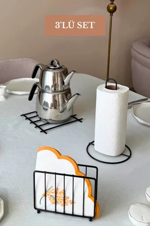 3’lü Set Siyah Kafes Peçetelik Dik Kağıt Havluluk Nihale Mutfak Seti