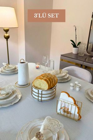 3’lü Set Parlak Altın Kafes Peçetelik Dik Kağıt Havluluk Yuvarlak Ekmek Sepeti Mutfak Seti