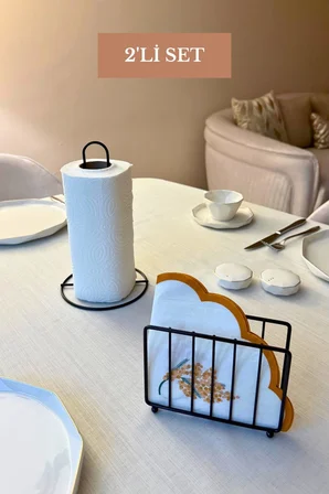 2’li Set Siyah Kafes Peçetelik Dik Kağıt Havluluk Mutfak Seti