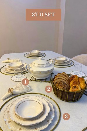 3’lü Set Mat Gold 6'lı Supla Nihale Oval Köşeli Ekmek Sepeti Bej Mutfak Seti