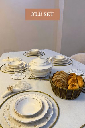 3’lü Set Mat Gold 6'lı Supla Nihale Oval Köşeli Ekmek Sepeti Bej Mutfak Seti