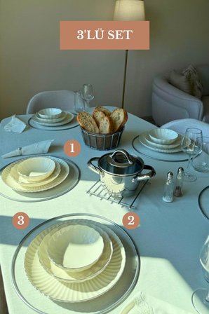 3’lü Set Mat Gümüş 6'lı Supla Nihale Oval Köşeli Ekmek Sepeti Bej Mutfak Seti
