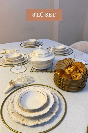 3’lü Set Mat Gold 6'lı Supla Nihale Yuvarlak Ekmek Sepeti Mutfak Seti