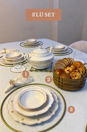 3’lü Set Mat Gold 6'lı Supla NihaleYuvarlak Ekmek Sepeti Mutfak Seti