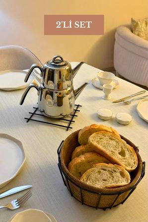 2’li Set Siyah Nihale Oval Köşeli Ekmek Sepeti Bej Mutfak Seti