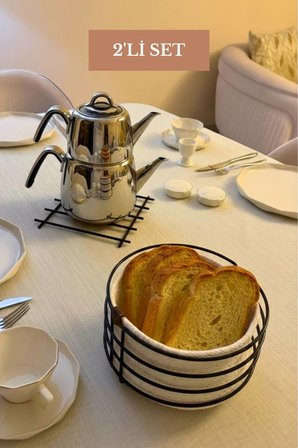 2’li Set Siyah Nihale Yuvarlak Ekmek Sepeti Mutfak Seti