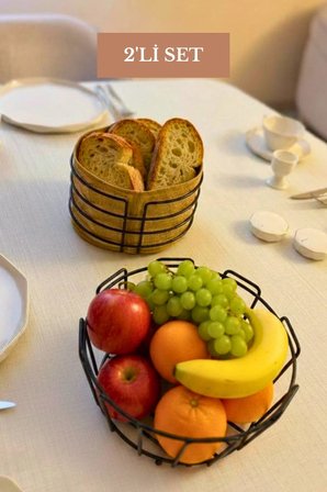 2’li Set Siyah Yuvarlak Ekmek Sepeti Oval Köşeli Meyve Sepeti Mutfak Seti