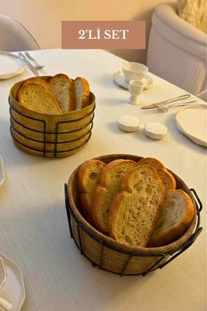 2’li Set Siyah Yuvarlak Ekmek Sepeti Oval Köşeli Ekmek Sepeti Bej Mutfak Seti