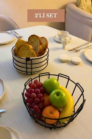 2’li Set Siyah Yuvarlak Ekmek Sepeti Oval Köşeli Meyve Sepeti Mutfak Seti