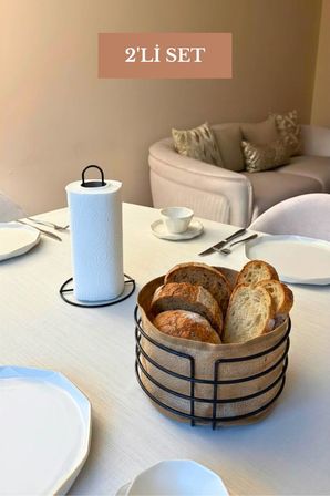 2’li Set Siyah Dik Kağıt Havluluk Yuvarlak Ekmek Sepeti Mutfak Seti