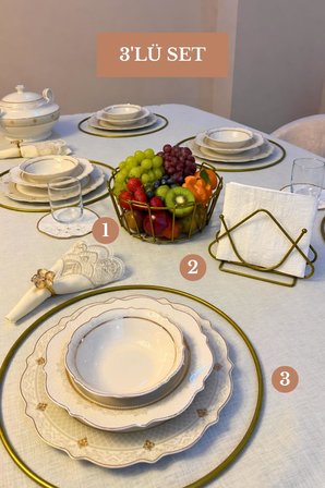 3’lü Set Mat Gold 6'lı Supla Üçgen Peçetelik Oval Köşeli Meyve Sepeti Mutfak Seti
