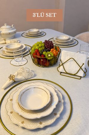 3’lü Set Mat Gold 6'lı Supla Üçgen Peçetelik Oval Köşeli Meyve Sepeti Mutfak Seti