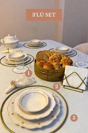 3’lü Set Mat Gold 6'lı Supla Üçgen Peçetelik Yuvarlak Ekmek Sepeti Mutfak Seti