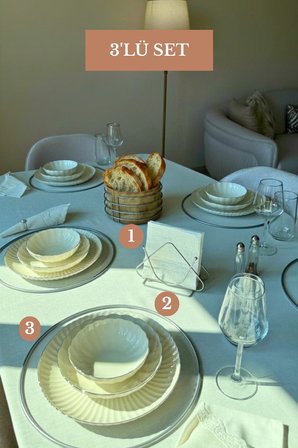 3’lü Set Mat Gümüş 6'lı Supla Üçgen Peçetelik Yuvarlak Ekmek Sepeti Mutfak Seti