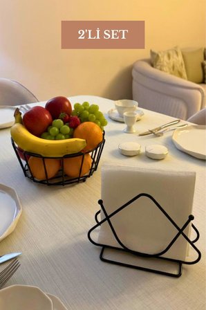 2’li Set Siyah Üçgen Peçetelik Oval Köşeli Meyve Sepeti Mutfak Seti