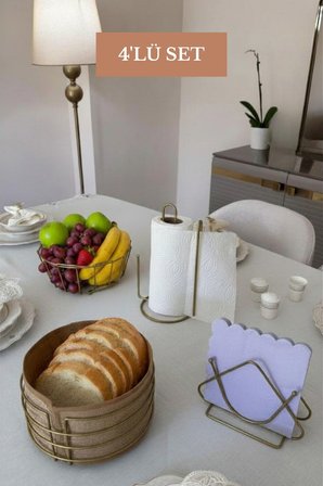 4’lü Set Mat Gold Üçgen Peçetelik Dik Kağıt Havluluk Ayraçlı Yuvarlak Ekmek Sepeti Oval Köşeli Meyve Sepeti Mutfak Seti