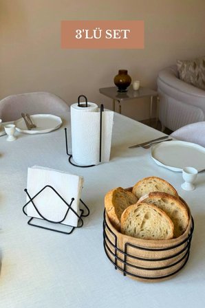 3’lü Set Siyah Üçgen Peçetelik Dik Kağıt Havluluk Ayraçlı Yuvarlak Ekmek Sepeti Mutfak Seti