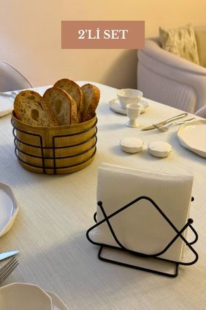 2’li Set Siyah Üçgen Peçetelik Yuvarlak Ekmek Sepeti Mutfak Seti
