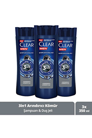 Clear Men 3 in 1 Arındırıcı 350 ml 3 Adet Kepek Şampuanı ve Duş Jeli