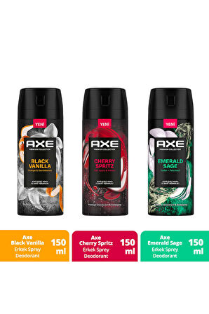 Axe Erkek Sprey Deodorant Cherry Spritz 150 ml + Black Vanilla 150 ml + Emerald Sage 150 ml