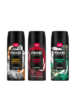 Axe Erkek Sprey Deodorant Cherry Spritz 150 ml + Black Vanilla 150 ml + Emerald Sage 150 ml