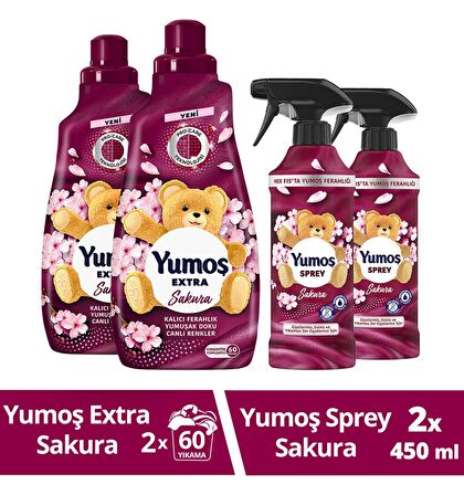 Yumoş Sprey Sakura 450 ml x2 + Yumoş Extra Çamaşır Yumuşatıcı Sakura 1440 ml x2