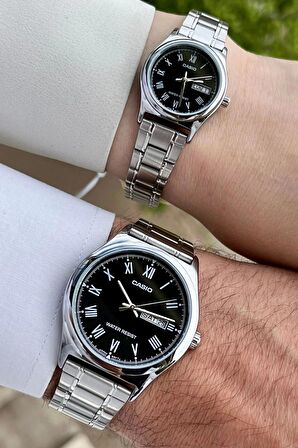 Casio CSISTE32 Kadranı Siyah Kordonu Gümüş Renk Hediye Paketli Sevgili Çift İki Kol Saati
