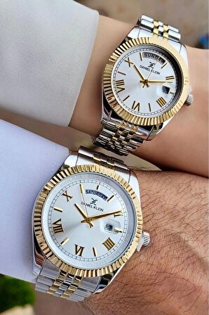 Daniel Klein DKISTE994 Gold Gümüş Renk Takvim ve Gün Fonksiyonlu Sevgili Çift Kol Saati