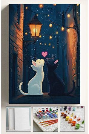 Sayılarla Boyama Hobi Seti Çerçeveli Numaralı Tuval Fırça Boya Dahil Kasnaklı 40x50CmSEVGİLİLER KEDİ