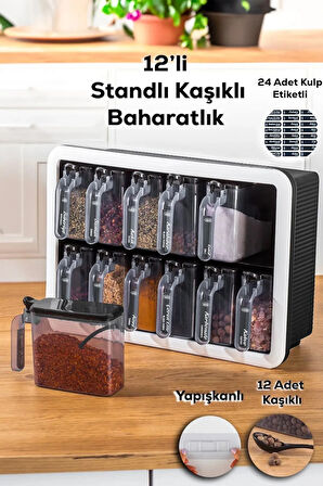 Standlı 12li Baharatlık Takımı Siyah Beyaz Kendinden Yapışkanlı Kaşıklı ve Kapaklı Baharatlık Seti