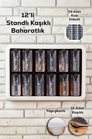 Standlı 12li Baharatlık Takımı Siyah Beyaz Kendinden Yapışkanlı Kaşıklı ve Kapaklı Baharatlık Seti