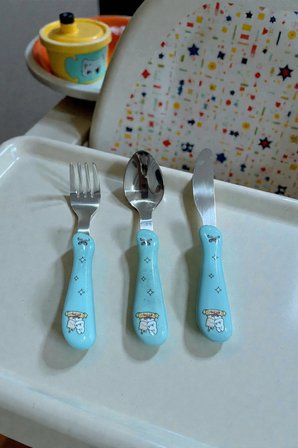 3'lü Çocuk Mama Kaşık Çatal Kaşık Seti Eğlenceli Karakter Desenli Paslanmaz Çelik