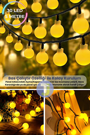 Technojet 30 Led 6m Solar Led Sarı Işık Güneş Enerjili Bahçe Teras Balkon Ağaç Lambası Aydınlatma