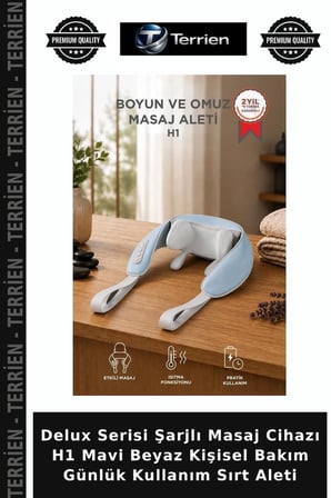 Delux Serisi Şarjlı Masaj Cihazı H1 Mavi Beyaz Kişisel Bakım Günlük Kullanım Sırt Aleti