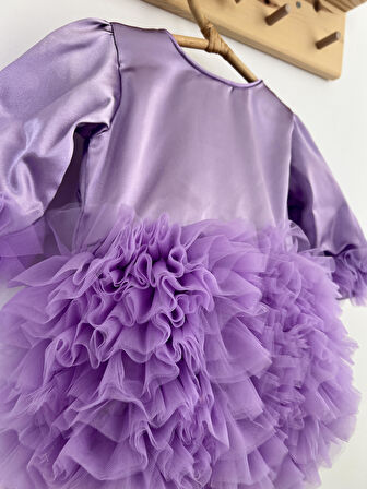 Kız Bebek Çocuk Elbise Uzun Kollu Tüllü Tütü Özel Gün Parti Doğum Günü Prenses Saten Abiye Elbise