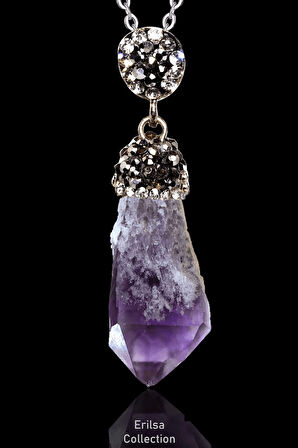 Sertifikalı Zirkon Taşlı Ham İşlenmemiş Ametist Taşı Kolye
